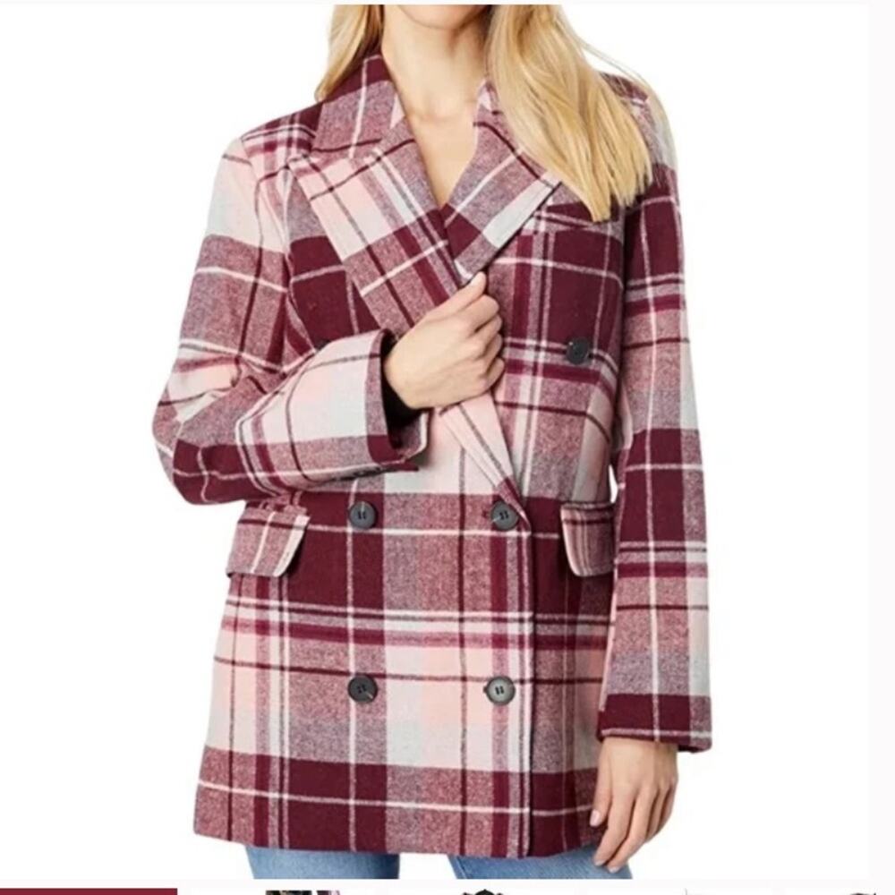 7 For All Mankind Pink Wool Plaid Double Breasted Pea Coat 90s Y2K NWTs medium